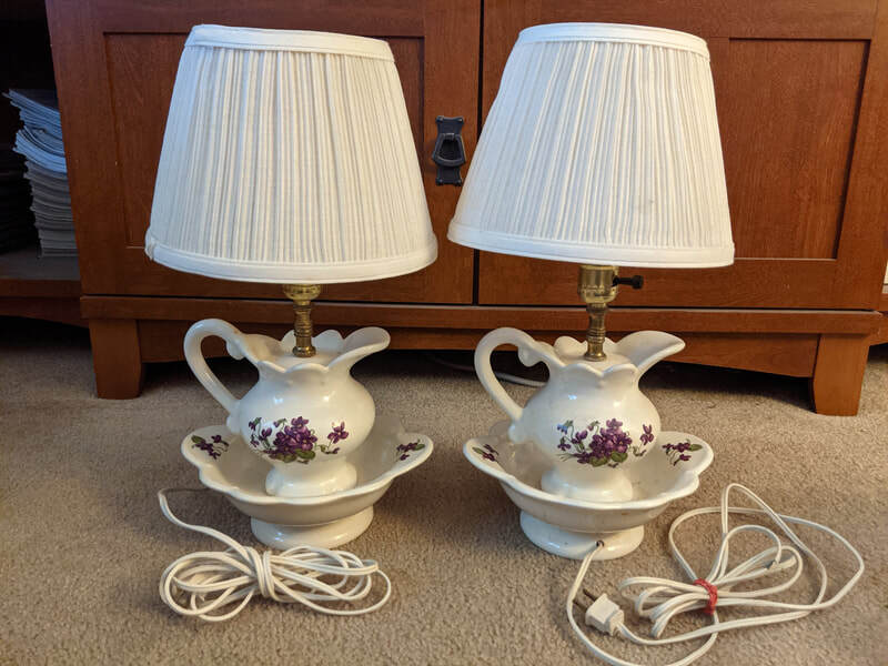 Violet pitcher and bowl lamp pair (new shades will be needed - these are stained)